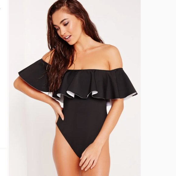ABAD x Missguided Frill Bardot Swimsuit Black - Picture 2 of 3